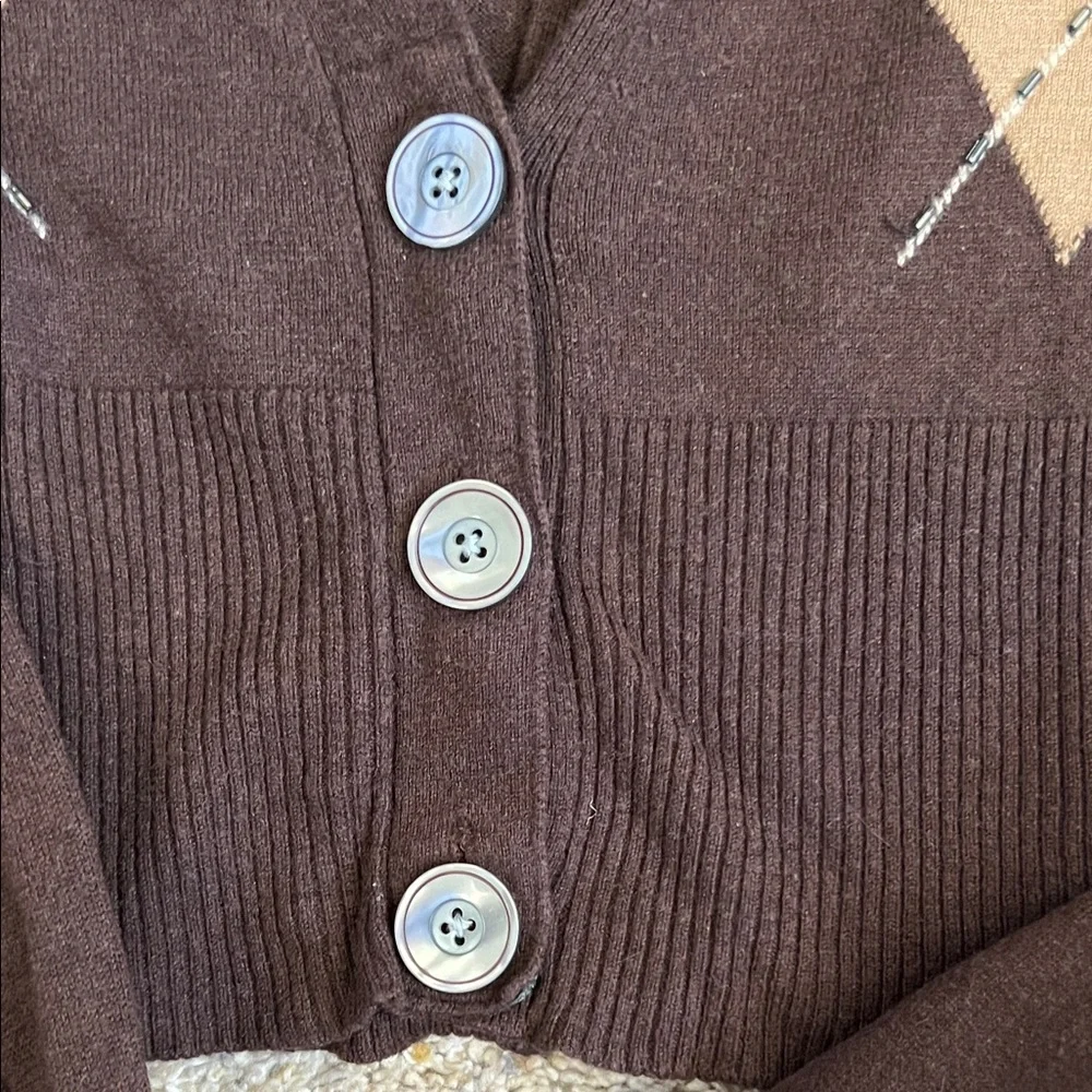 Vintage Abercrombie & Fitch Silk Cashmere Wool Argyle Cardigan M Brown Y2K - Picture 5 of 8